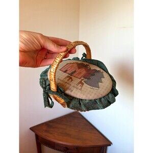 Cabin Wicker Sewing Basket w/ Handle, Fabric Lid "Welcome Each New Day"